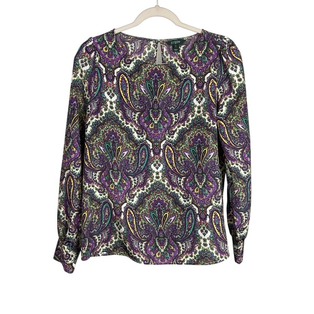 J. Crew‎ Women's Pullover Long Sleeve Blouse Puff Sleeves SMALL Purple Paisley